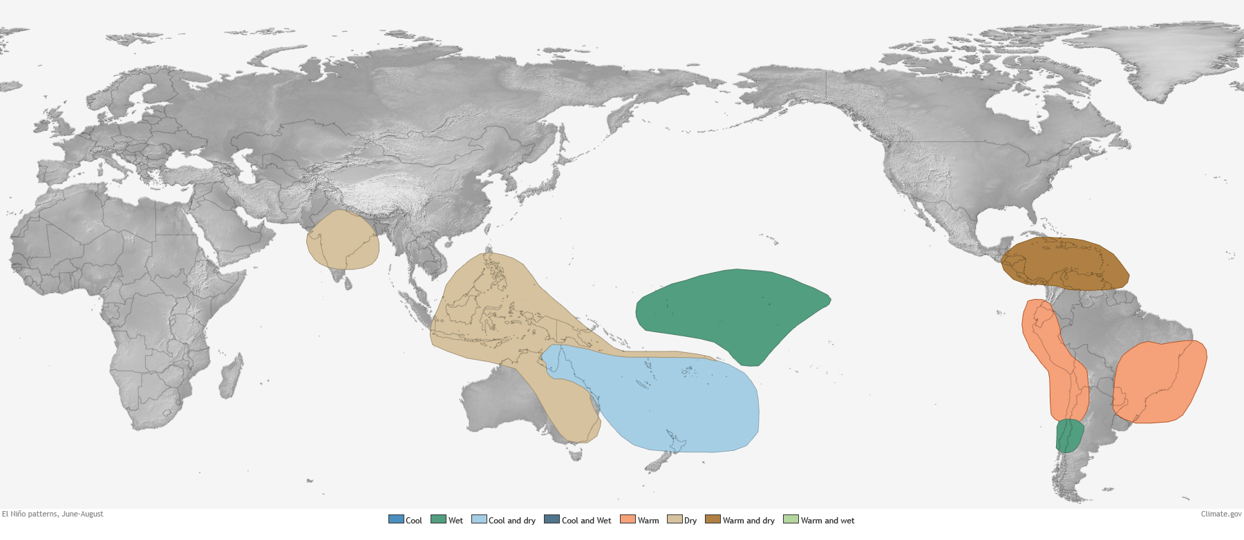 Map of temperature and precipitation patterns that are typical of summertime El Niño conditions.