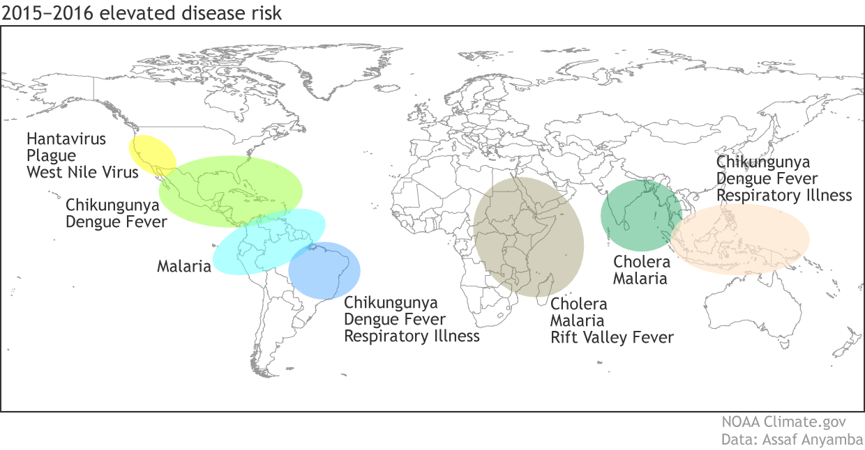 Map depicting the elevated risk for specific disease outbreaks throughout the globe due to the forecast of El Niño conditions through spring of 2016.