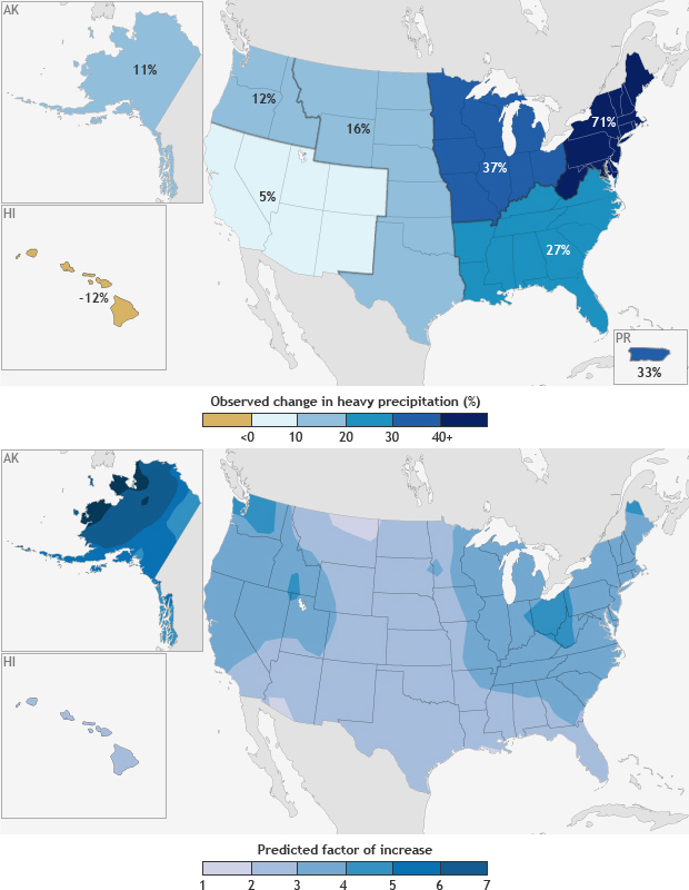 U.S. Maps showing increases in heavy precipitation