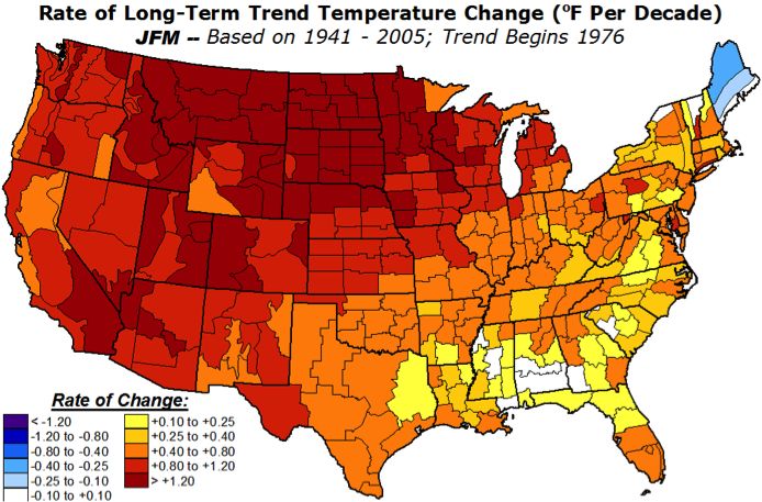 Map of U.S. Lower 48 states showing warming trend for all climate divisions between 1976 and 2005