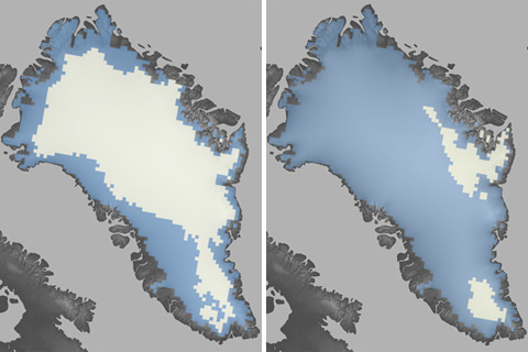 Comparison of maps showing Greenland surface melt in July 2012
