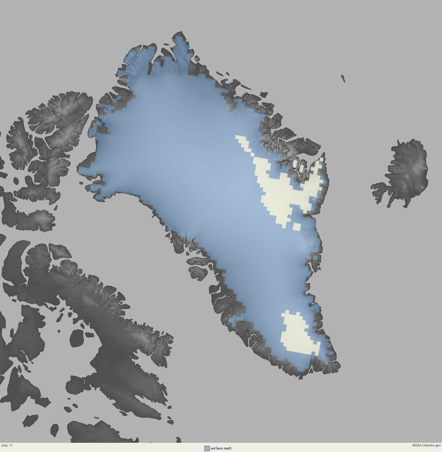Image of surface-melt conditions on the Greenland Ice Sheet on July 11, 2012