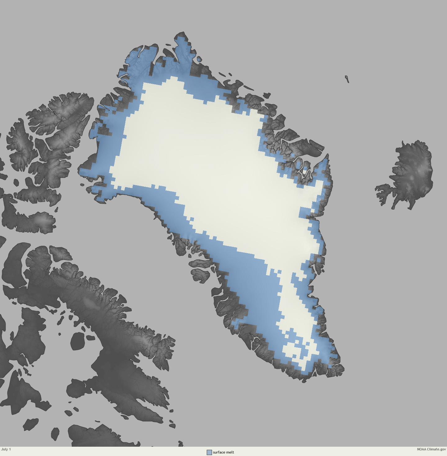 Image of surface-melt conditions on the Greenland Ice Sheet on July 1, 2012