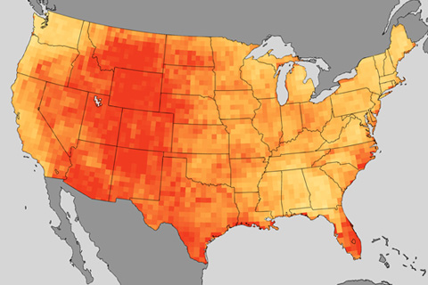 Map of U.S. showing projected increases in total heat wave days 