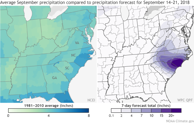 How do rainfall totals predicted for Florence compare to an average September in the U.S. Southeast?