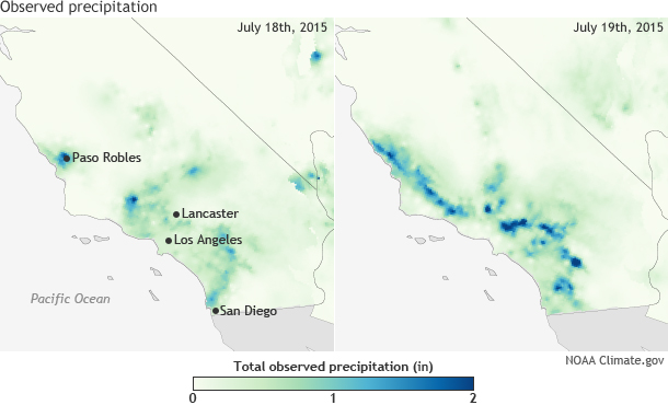 Map pair showing daily precipitation totals for southern California on July 18 and July 19, 2015.