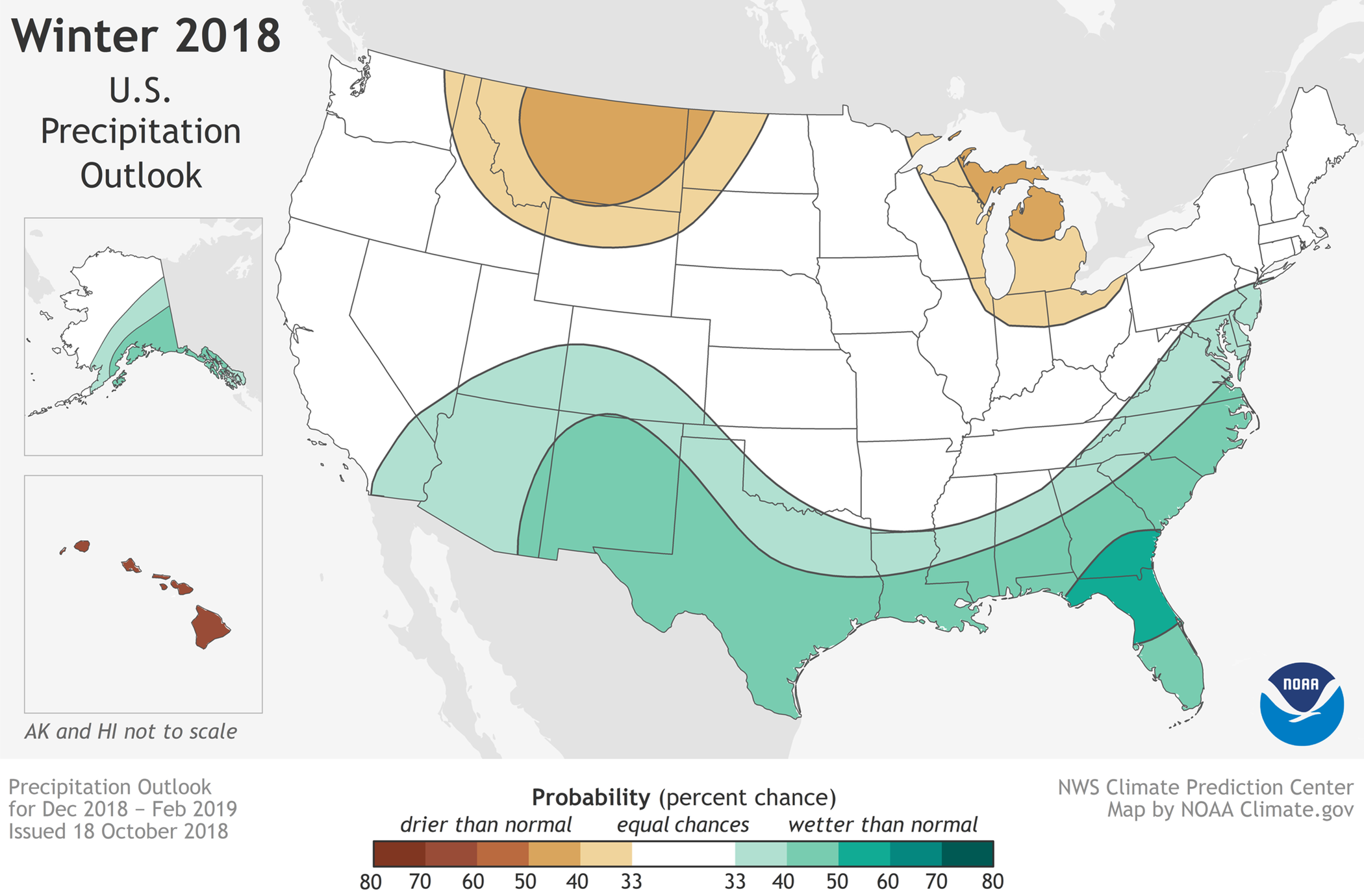 Winter 2018 winter precipitation outlook showing a wetter-than-average season forecast for the southern/mid-atlantic