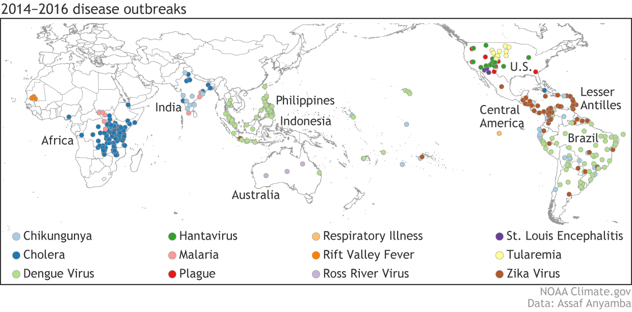 Map of reported occurrences of specific disease occurrences between 2014 and 2016 compiled from ProMED and Defense Health Agency reports.