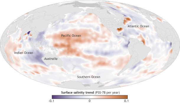 Shifting ocean surface saltiness from 2004-2013