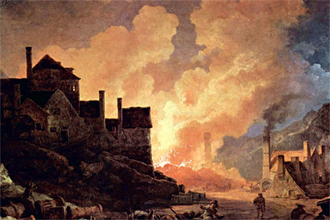 Digital image of an 1801 painting of a burning coal pile in a small village