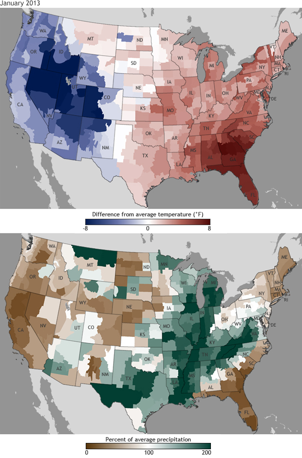 U.S average temperature right at freezing for January, rain and snow a bit above average