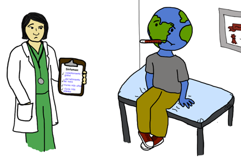 Cartoon of Earth as a patient in an exam room with a thermometer in its mouth