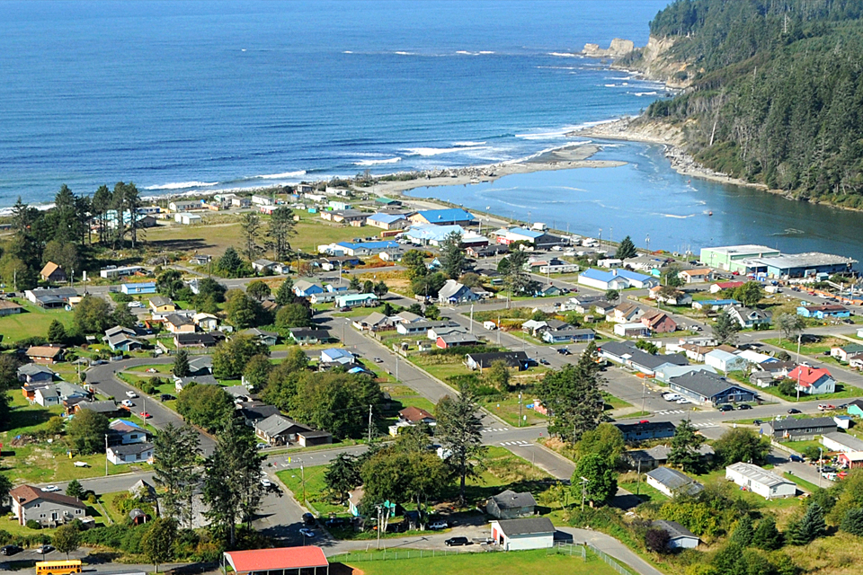 Aerial photo of quinault village on Olypic Peninsula