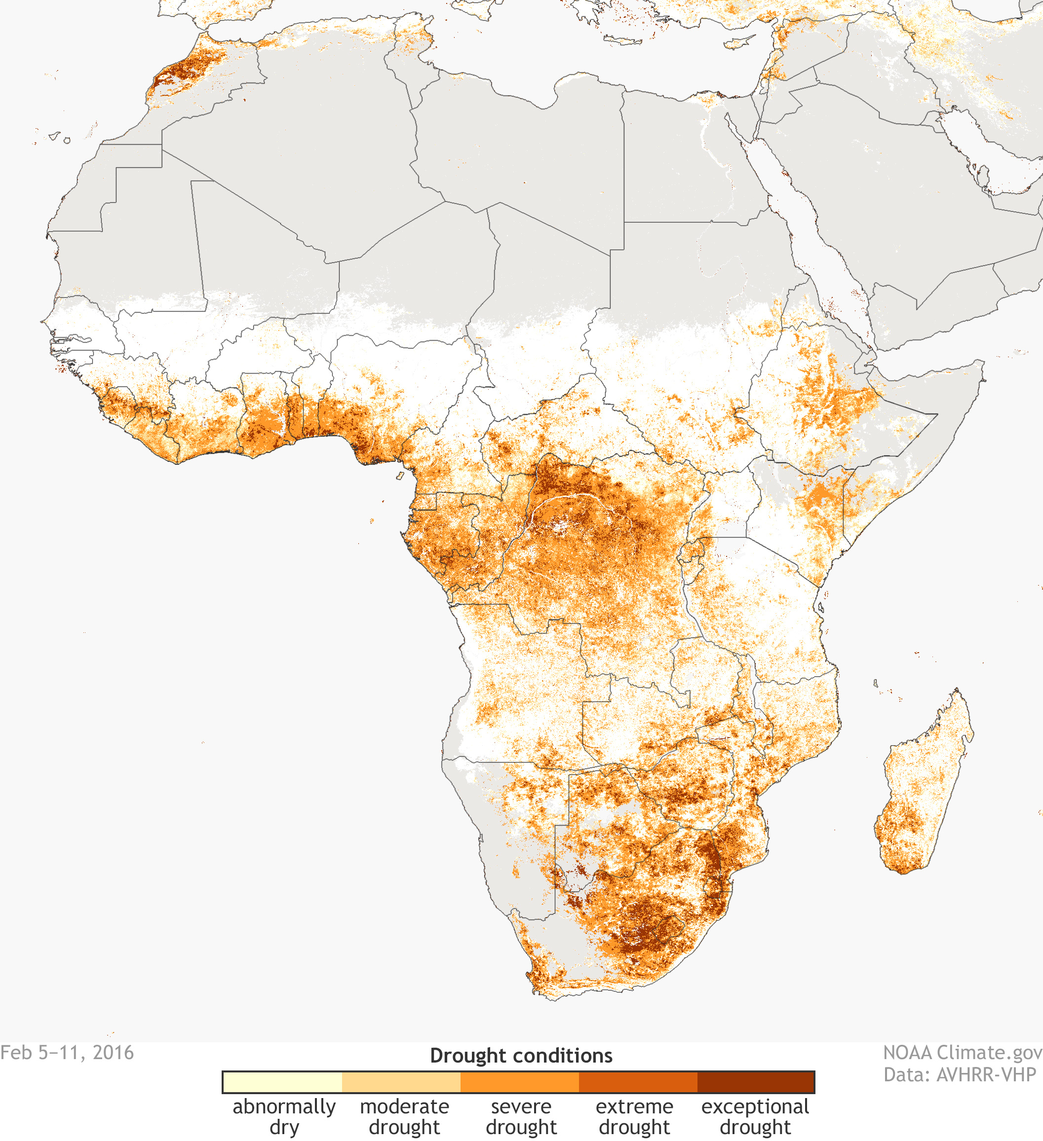 Map of drought across southern Africa in 2016.