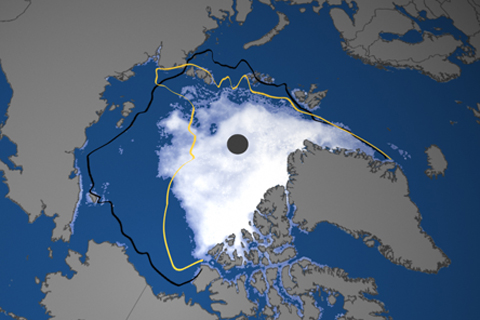 Map of sea ice concentration in the Arctic on September 16, 2012.