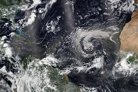 Dust from the Sahara Desert stretches across the tropical Atlantic Ocean in late June/early July 2018