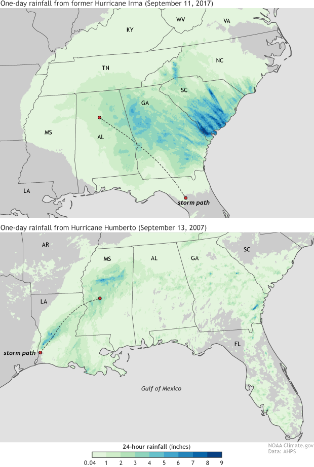 In the eastern U.S., tropical storms that were once major hurricanes pose greatest threat of extreme rain