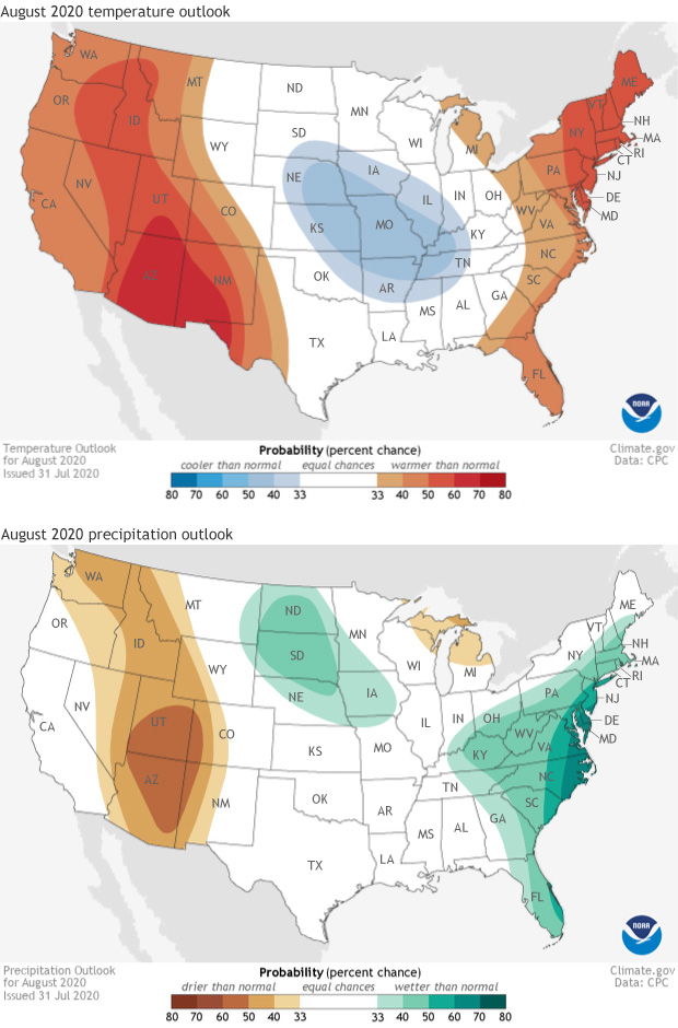 August 2020 U.S. climate outlook: Tropical wetness to douse the East Coast while dryness likely to continue across Southwest