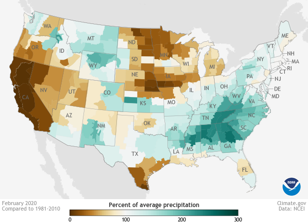 February 2020 was a month of precipitation extremes for the United States