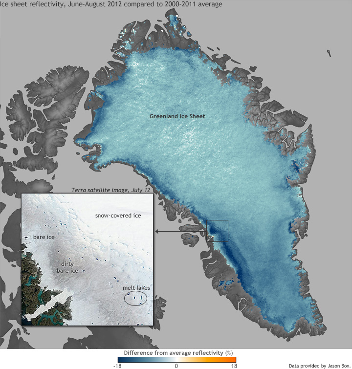 Less glitter: Greenland Ice Sheet continued to darken in summer 2012
