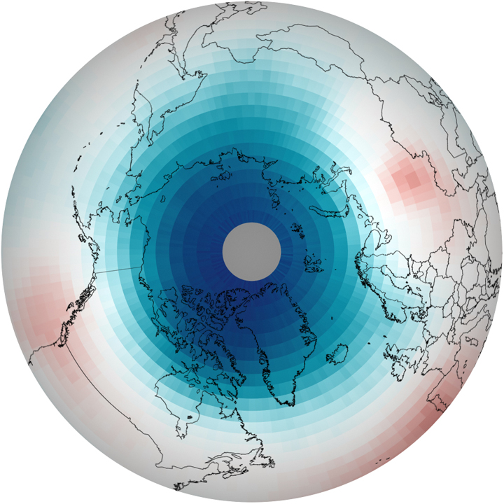 Map of the arctic ozone hole in March 2011