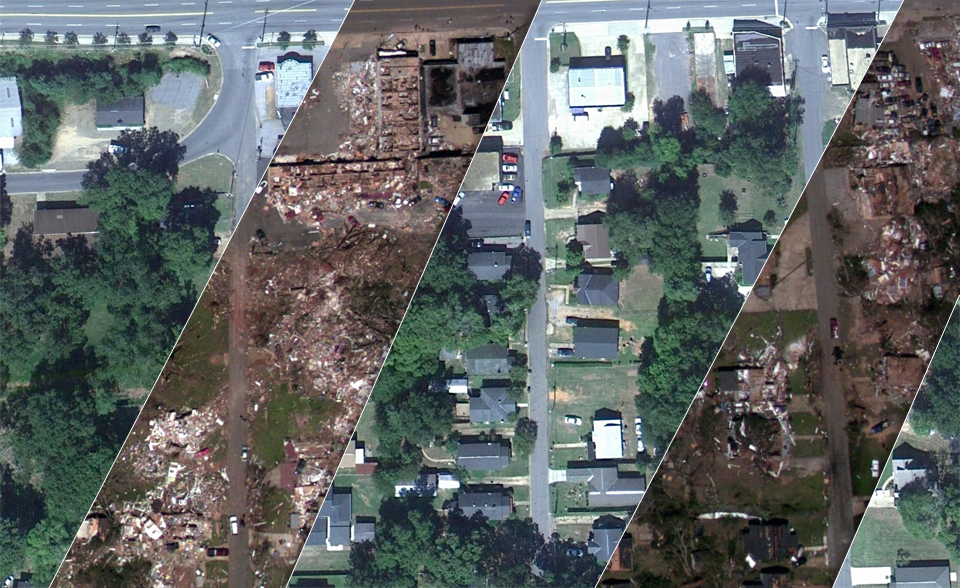 Aerial view of before and after tornado destruction