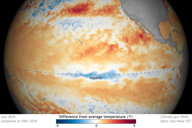 Strip of cool water lingering in tropical Pacific in July 2016