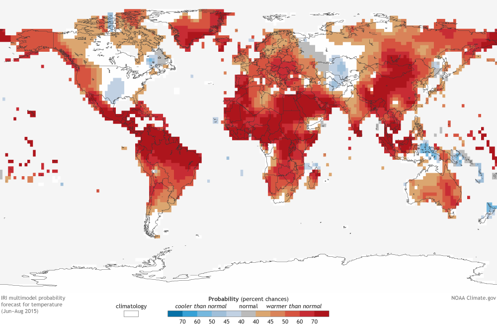 Image of the IRI outlook for seasonal average temperature for June-August 2015 issued in the third week of May.