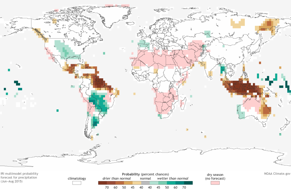 Image of the IRI outlook for seasonal total precipitation for June-August 2015 issued in the third week of May.