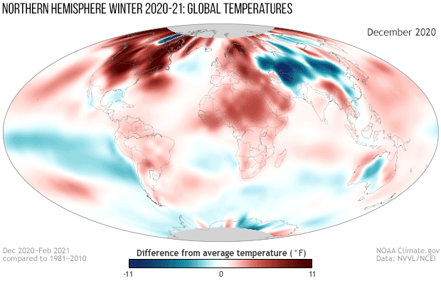 February 2021 wraps up Northern Hemisphere's eighth-warmest winter on record 