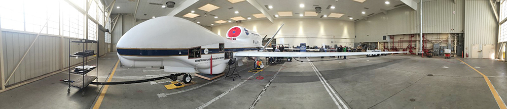 Picture of the unmanned drone the Global Hawk, which has the ability to travel for 24 hours at a time without refueling.