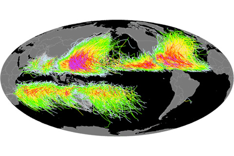 IBTRACS map of hurricane tracks