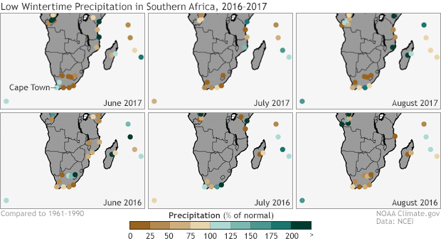 Maps showing low precipitation during Cape town's rainy season
