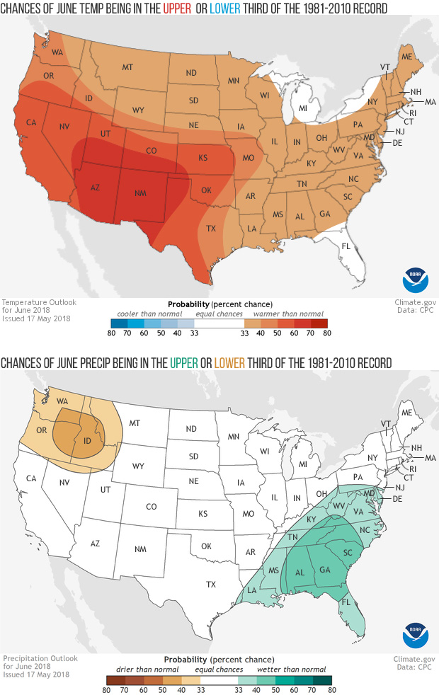 Relative to the 1981-2010 climate record, where are the highest chances for a warm June?