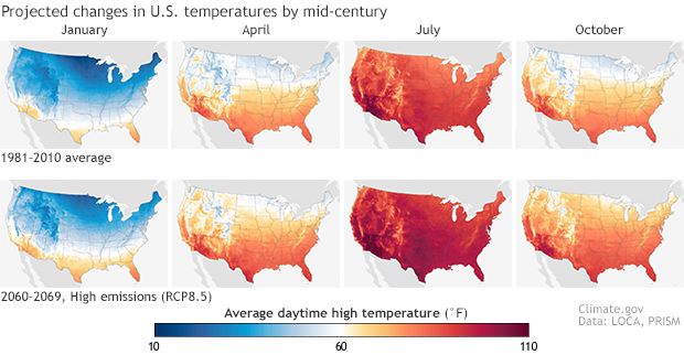 New in Data Snapshots: Monthly maps of future U.S. temperatures for each decade of the 21st century