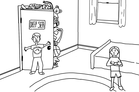 cartoon of a boy trying to hold closed the door of an overstuffed closet. The closet has a sign that says 'Deep Sea.'