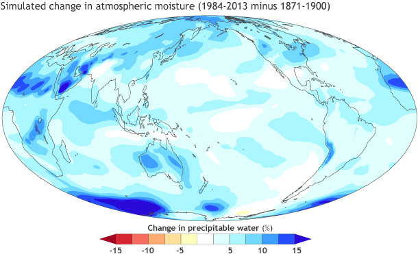 Global map showing simulated change in atmospheric moisture (1984-2013 minus 1871-1900)