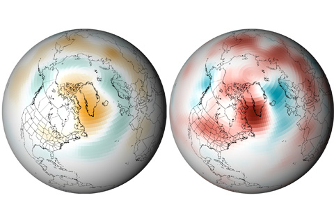 Pair of global maps showing atmospheric pressure and temperature measurements in Northern Hemisphere, summer 2012