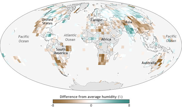 Global map of relative humidity&nbsp;over land in 2013 compared to the 1981 to 2010 average