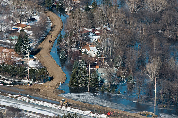 Aerial view of flooded homes