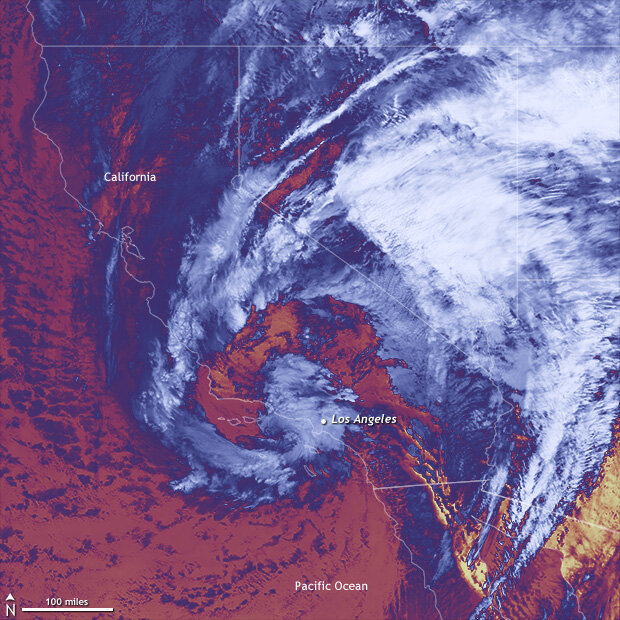 An infrared satellite image of California and parts of surrounding states showing the comma-shaped storm over California on January 9, 2018