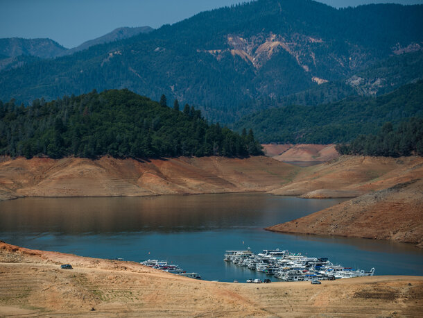 Photo showing a large gap between treeline and the water level in California's Shasta Lake on August 25, 2014. Photo credit: California Department of Water Resources.