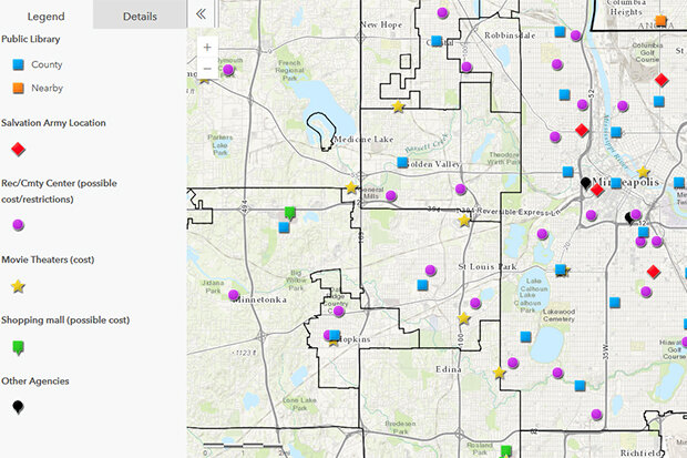 Map of cooling centers, showing more distance between them in the outer portions of the city
