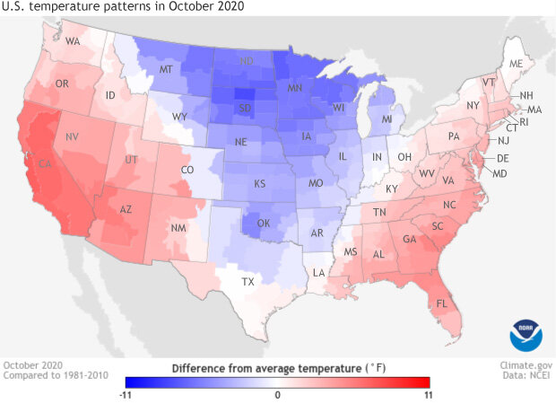 U.S. temperature anomalies for October 2020