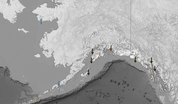 Map of southern Alaska showing local sea level changes