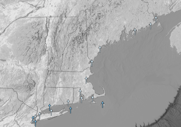 Screenshot of interactive map of local sea level rise in the US Northeast