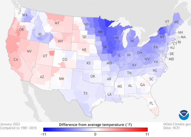 U.S. map of temperature anomalies in January 2022