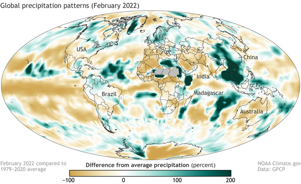 Global map showing February 2022 precipitation as a percent difference from average