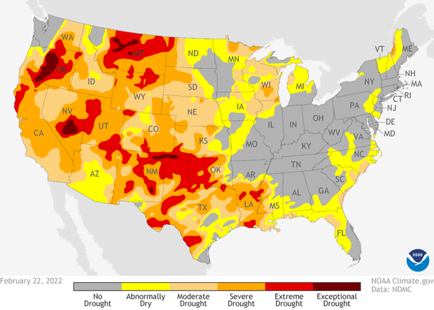 February 22, 2022 US Drought monitor. Yellow, oranges and reds covered nearly 50% of the country and nearly 90% of the west indicate dryness and drought conditions.