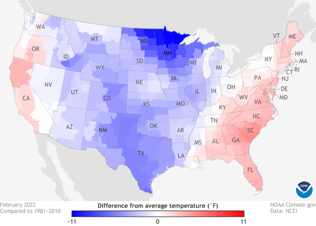 Map of contiguous United States showing temperature patterns in February 2022 compared to average